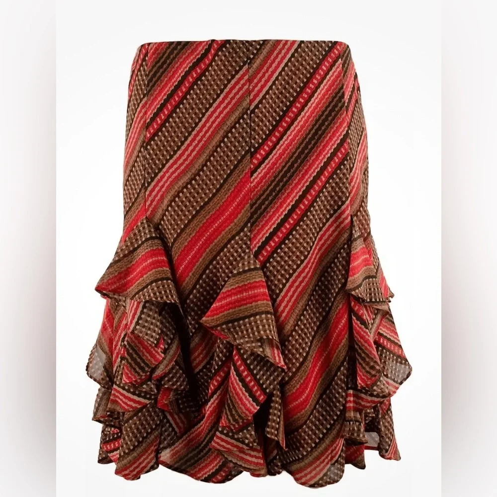 Ralph Lauren Women's Red Tan Patterned Ruffled Georgette Midi Skirt Flowy Sz M